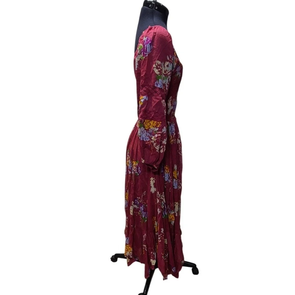Free People Boho Floral Smocked Midi Dress Burgundy Red Size XS